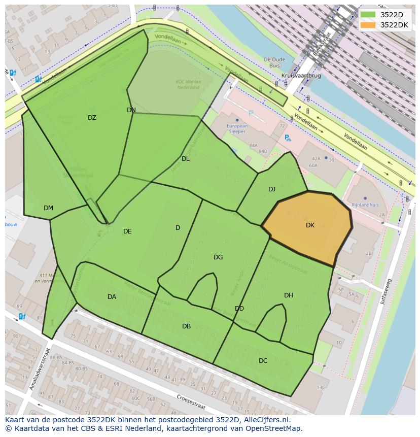 Afbeelding van het postcodegebied 3522 DK op de kaart.