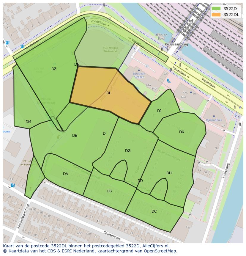 Afbeelding van het postcodegebied 3522 DL op de kaart.
