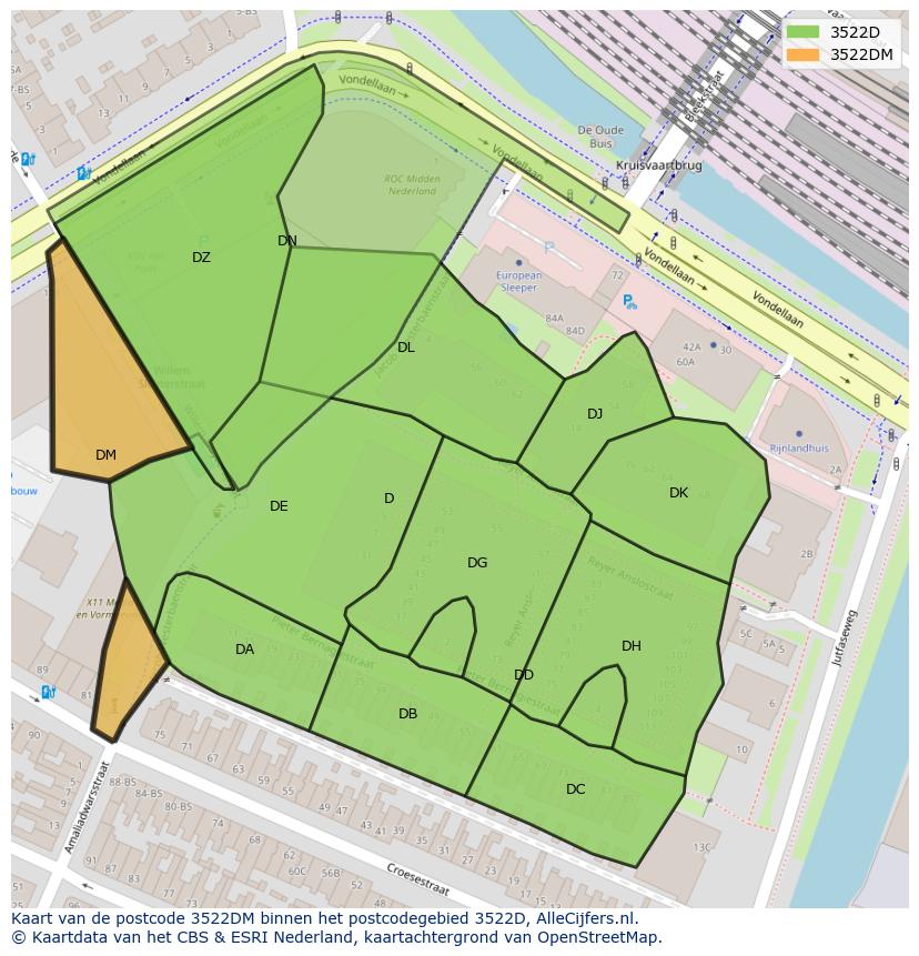 Afbeelding van het postcodegebied 3522 DM op de kaart.