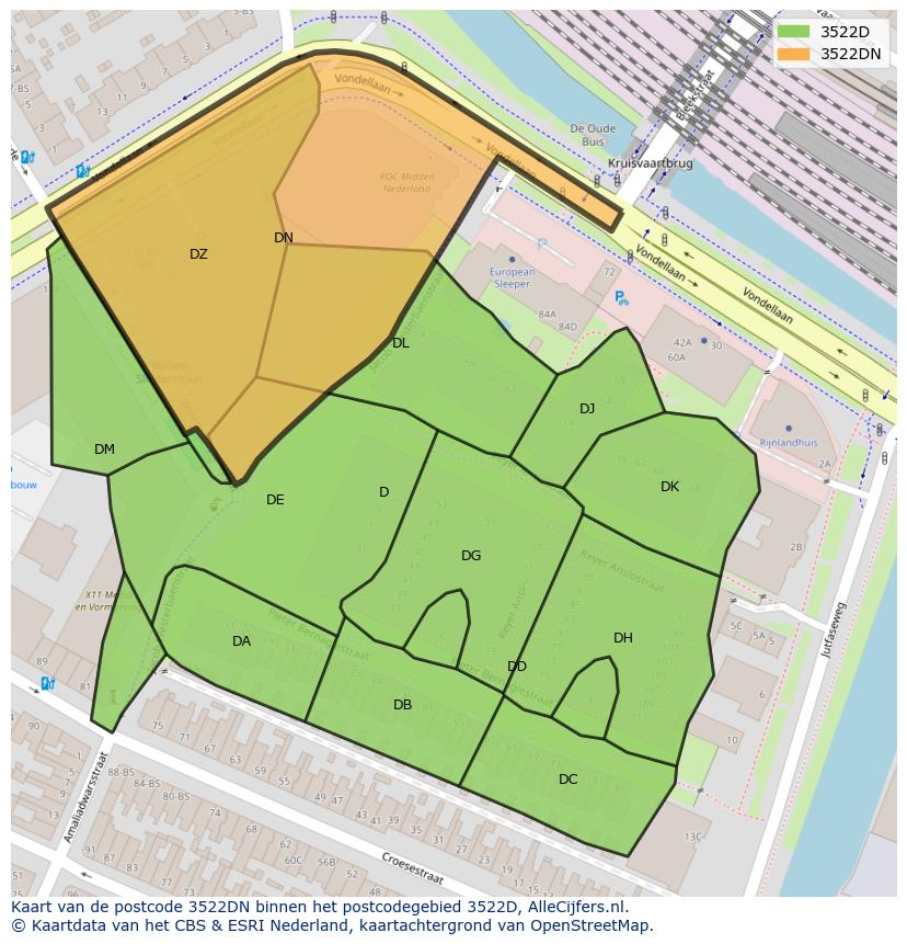 Afbeelding van het postcodegebied 3522 DN op de kaart.