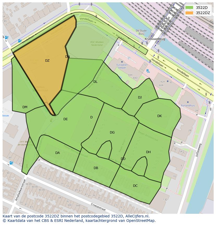 Afbeelding van het postcodegebied 3522 DZ op de kaart.