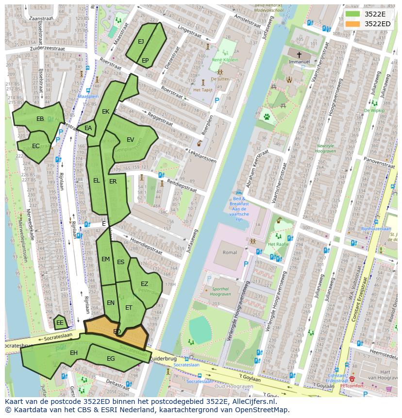 Afbeelding van het postcodegebied 3522 ED op de kaart.