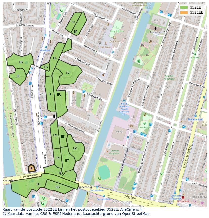 Afbeelding van het postcodegebied 3522 EE op de kaart.