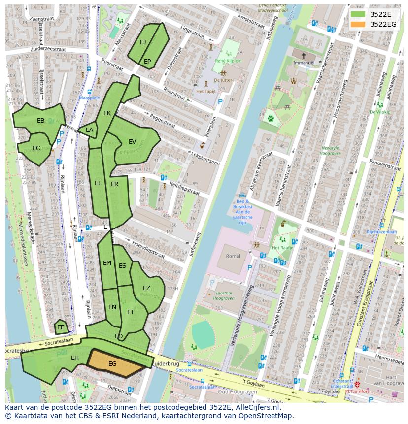 Afbeelding van het postcodegebied 3522 EG op de kaart.