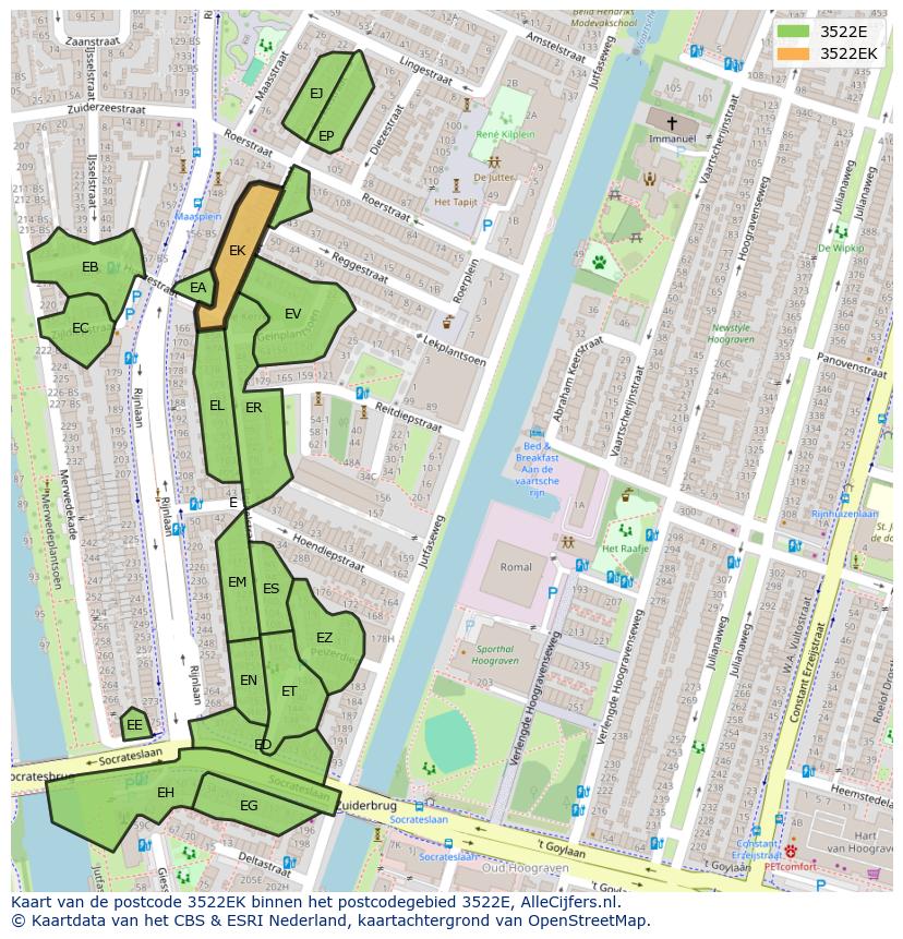 Afbeelding van het postcodegebied 3522 EK op de kaart.