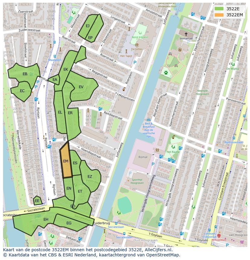 Afbeelding van het postcodegebied 3522 EM op de kaart.