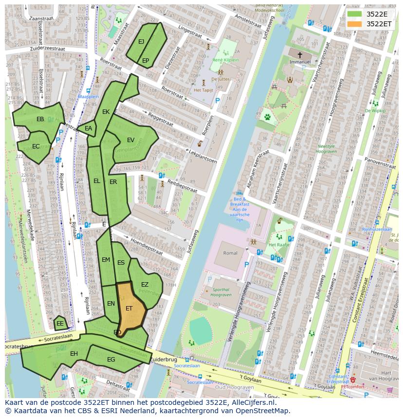 Afbeelding van het postcodegebied 3522 ET op de kaart.