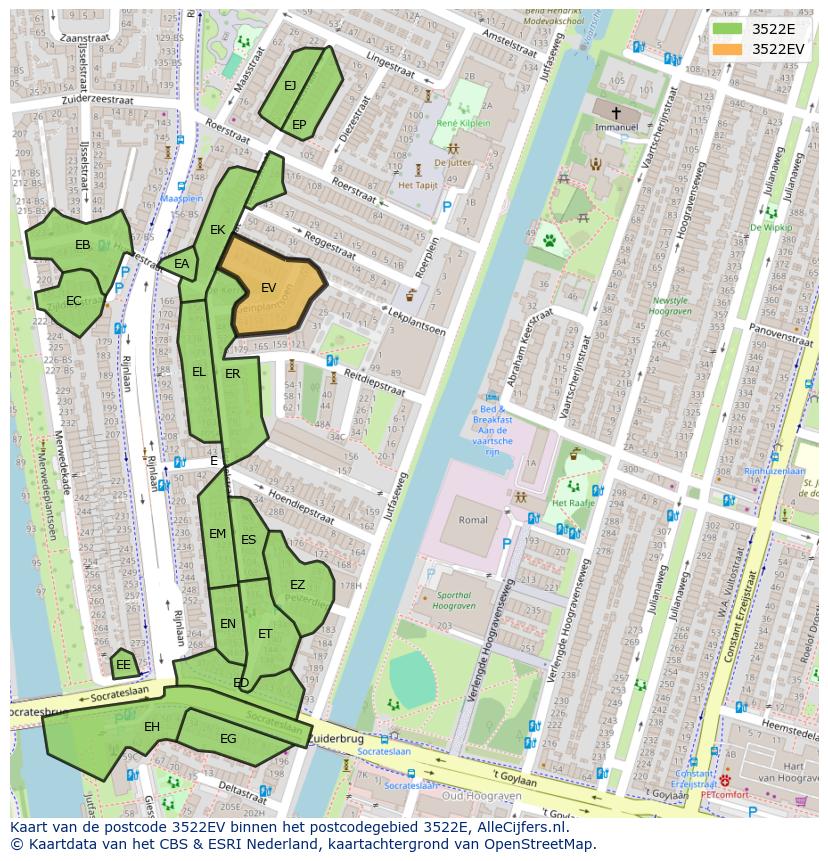 Afbeelding van het postcodegebied 3522 EV op de kaart.