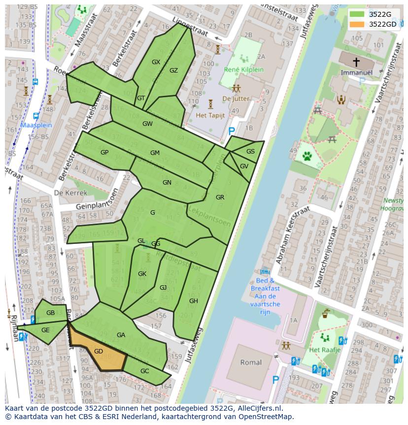 Afbeelding van het postcodegebied 3522 GD op de kaart.