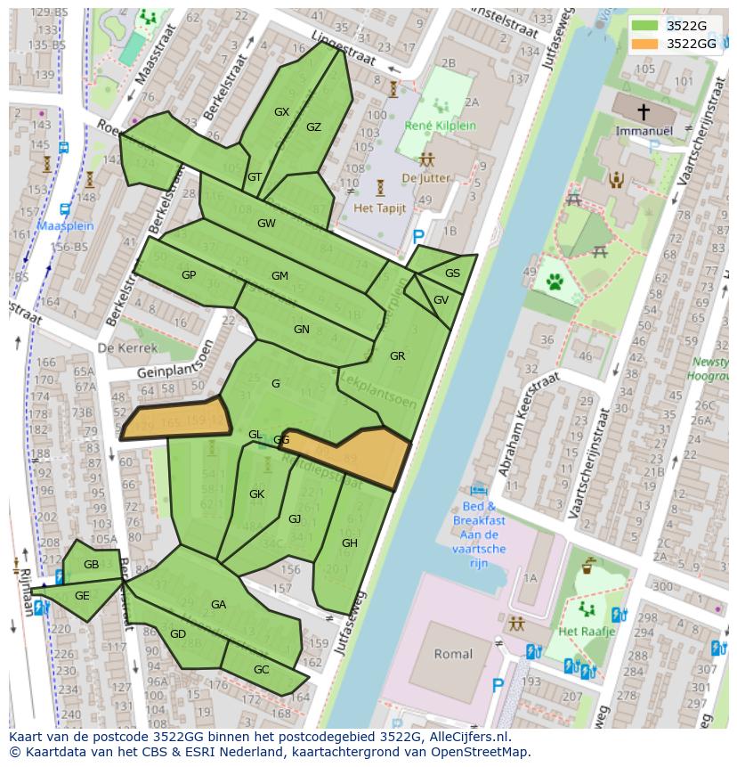 Afbeelding van het postcodegebied 3522 GG op de kaart.