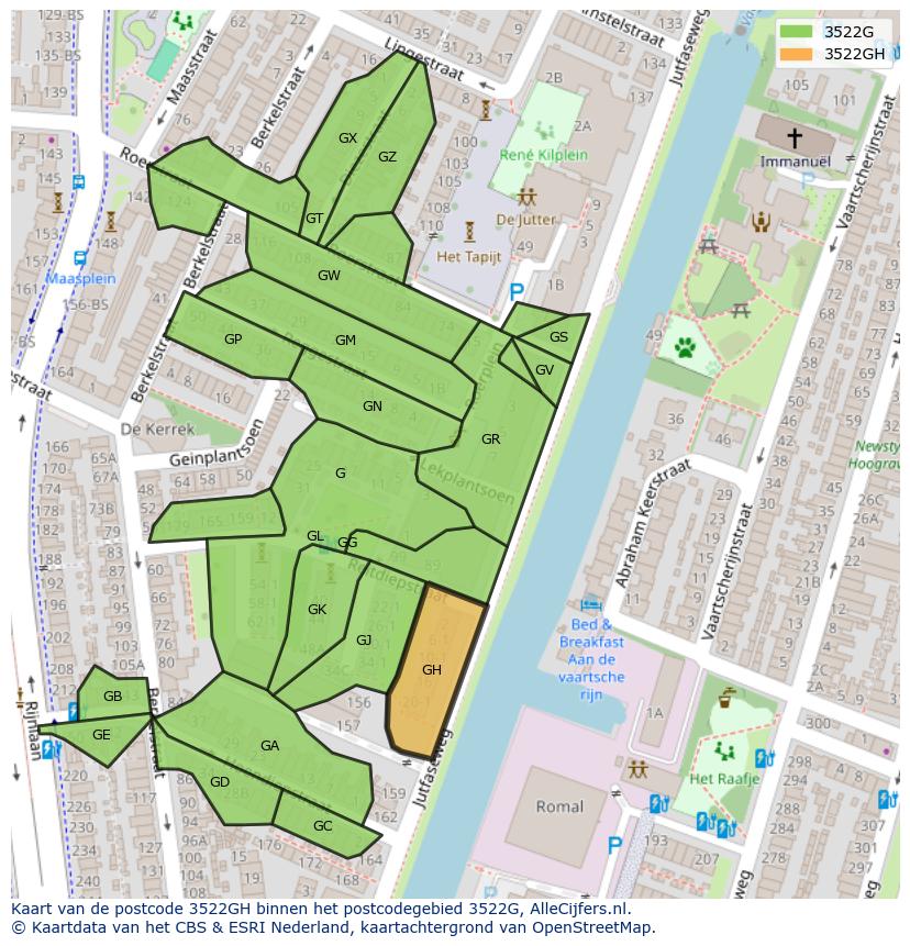 Afbeelding van het postcodegebied 3522 GH op de kaart.