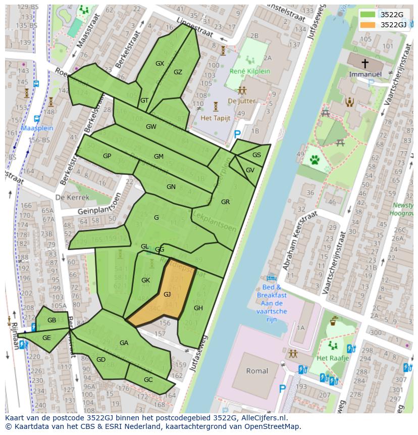 Afbeelding van het postcodegebied 3522 GJ op de kaart.