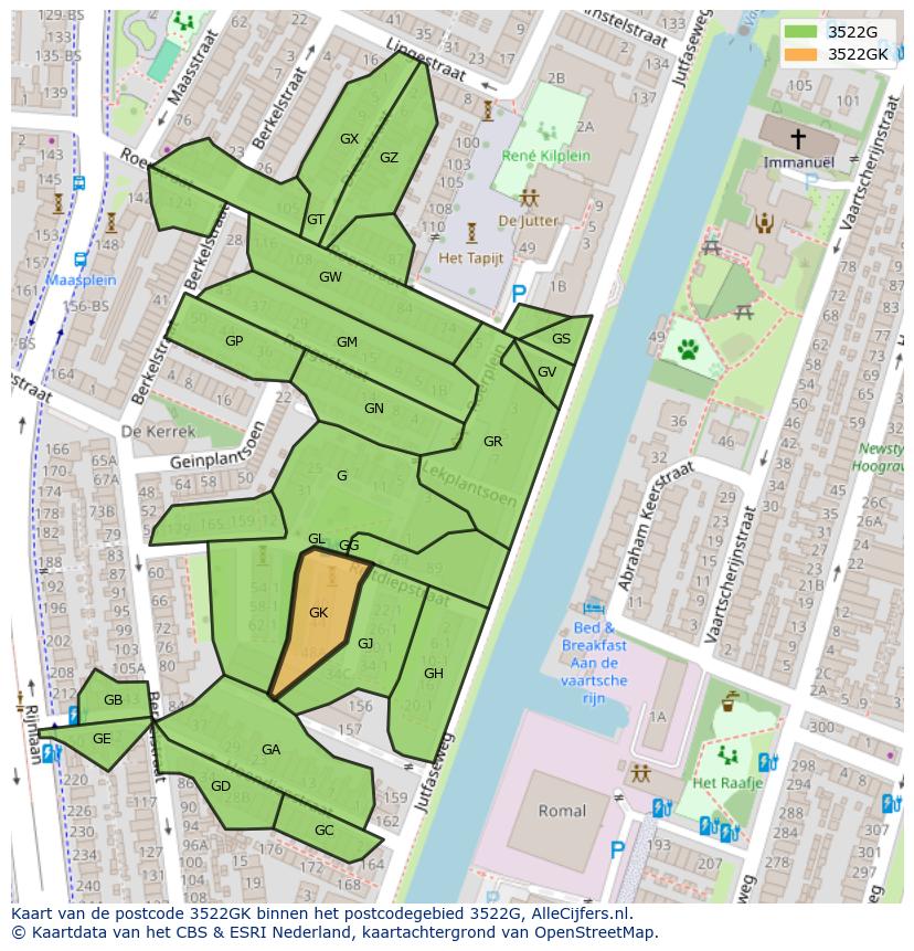Afbeelding van het postcodegebied 3522 GK op de kaart.