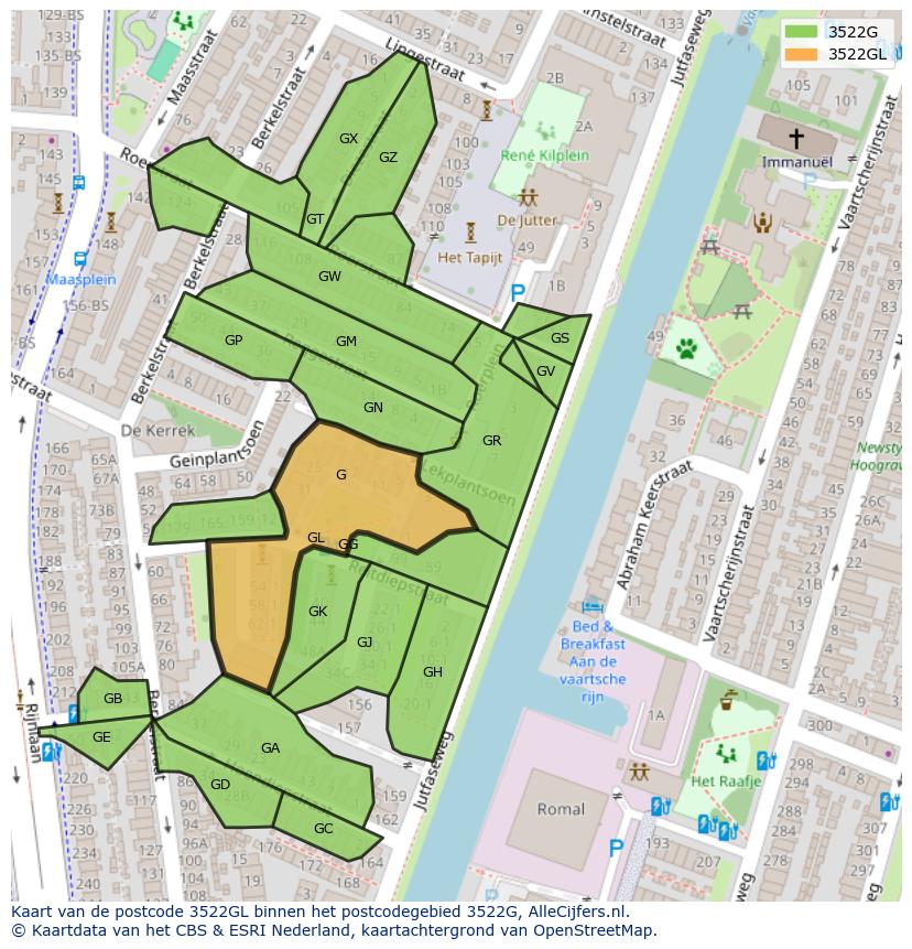Afbeelding van het postcodegebied 3522 GL op de kaart.