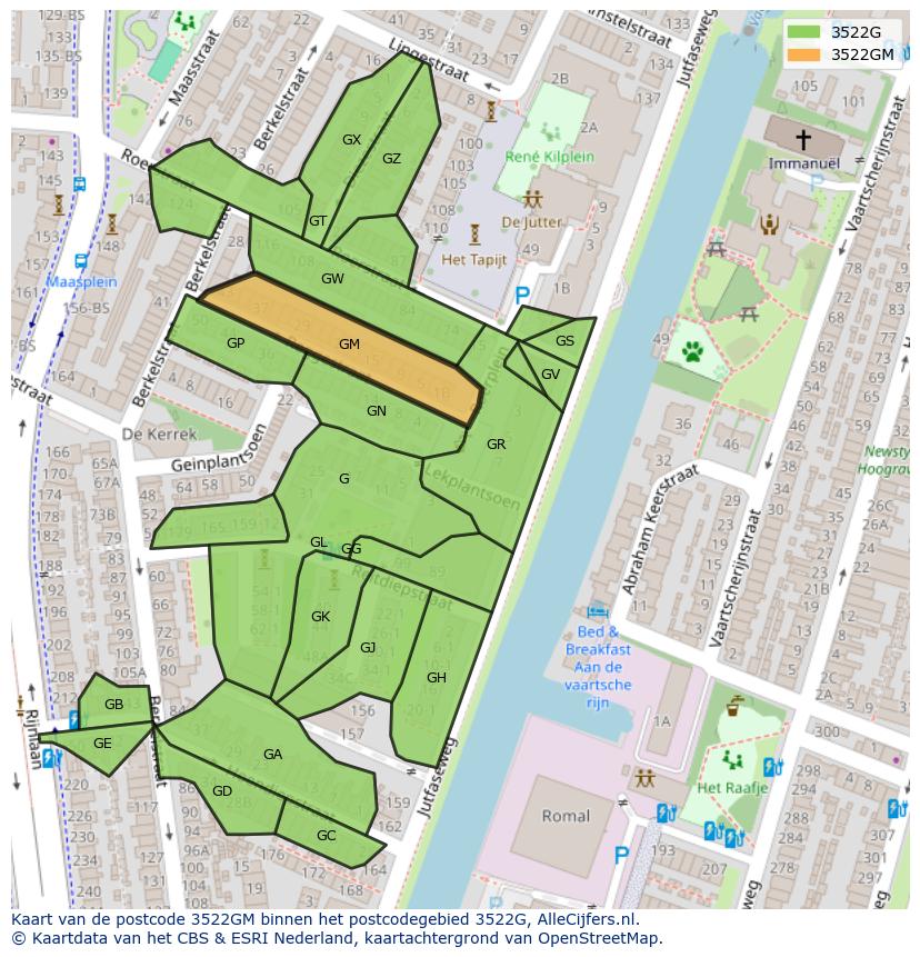 Afbeelding van het postcodegebied 3522 GM op de kaart.