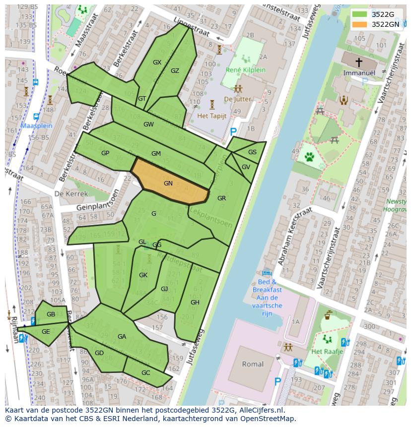 Afbeelding van het postcodegebied 3522 GN op de kaart.