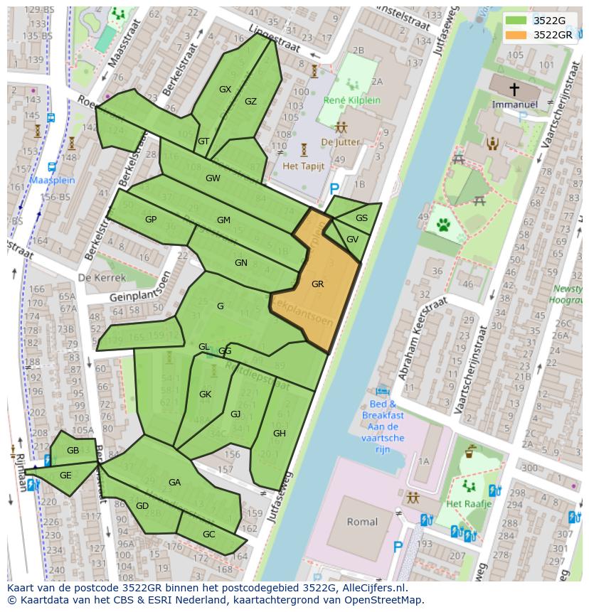 Afbeelding van het postcodegebied 3522 GR op de kaart.