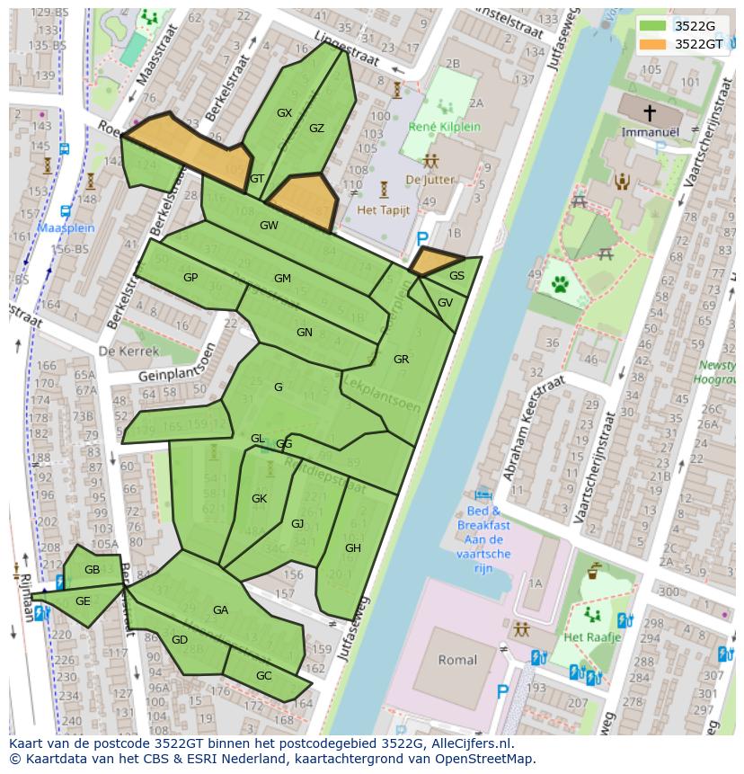 Afbeelding van het postcodegebied 3522 GT op de kaart.