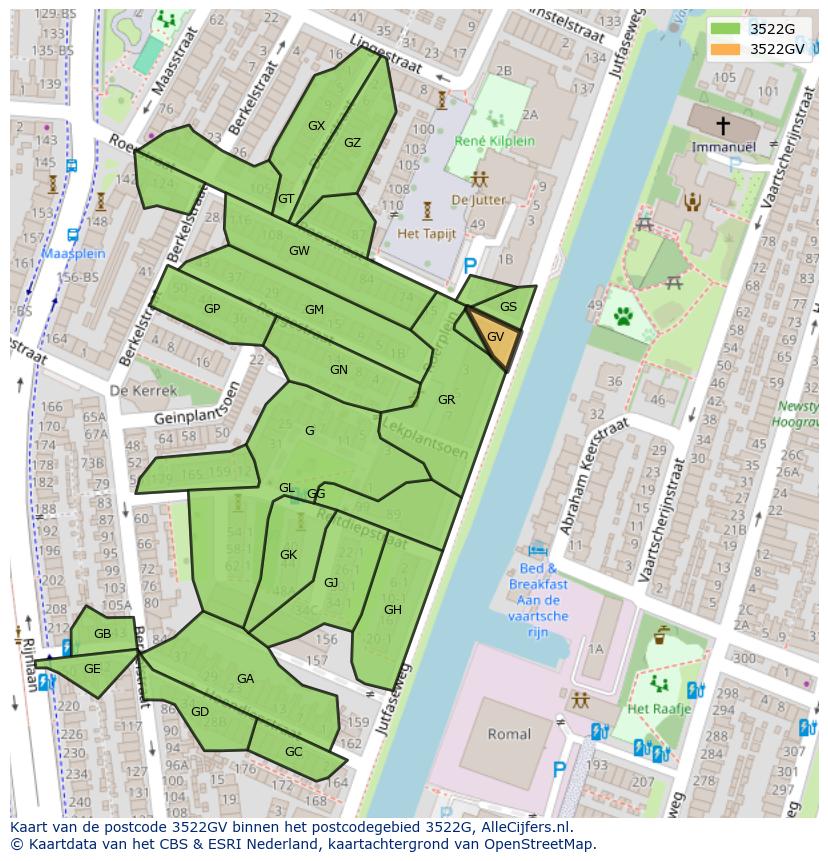 Afbeelding van het postcodegebied 3522 GV op de kaart.