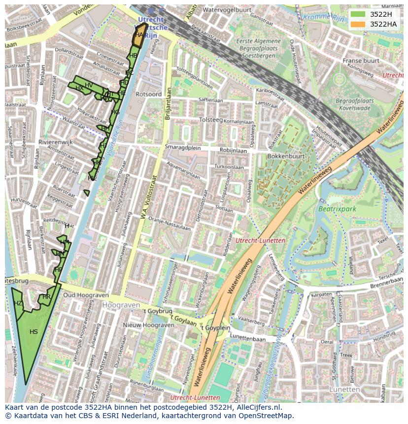 Afbeelding van het postcodegebied 3522 HA op de kaart.