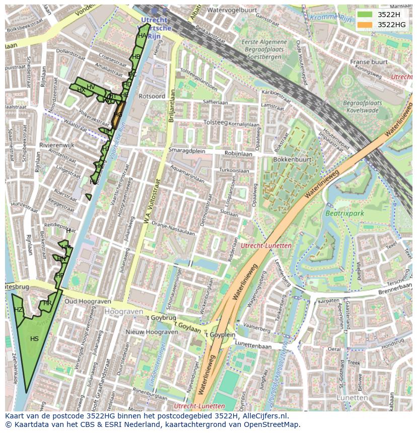 Afbeelding van het postcodegebied 3522 HG op de kaart.