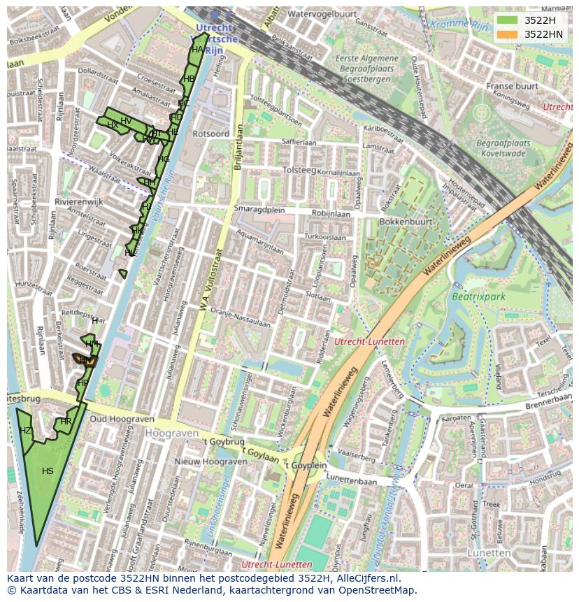 Afbeelding van het postcodegebied 3522 HN op de kaart.