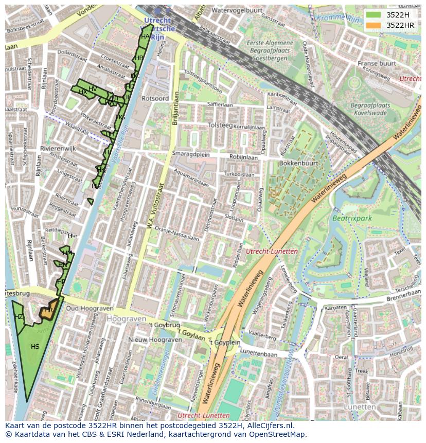 Afbeelding van het postcodegebied 3522 HR op de kaart.