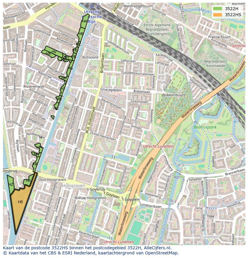 Afbeelding van het postcodegebied 3522 HS op de kaart.