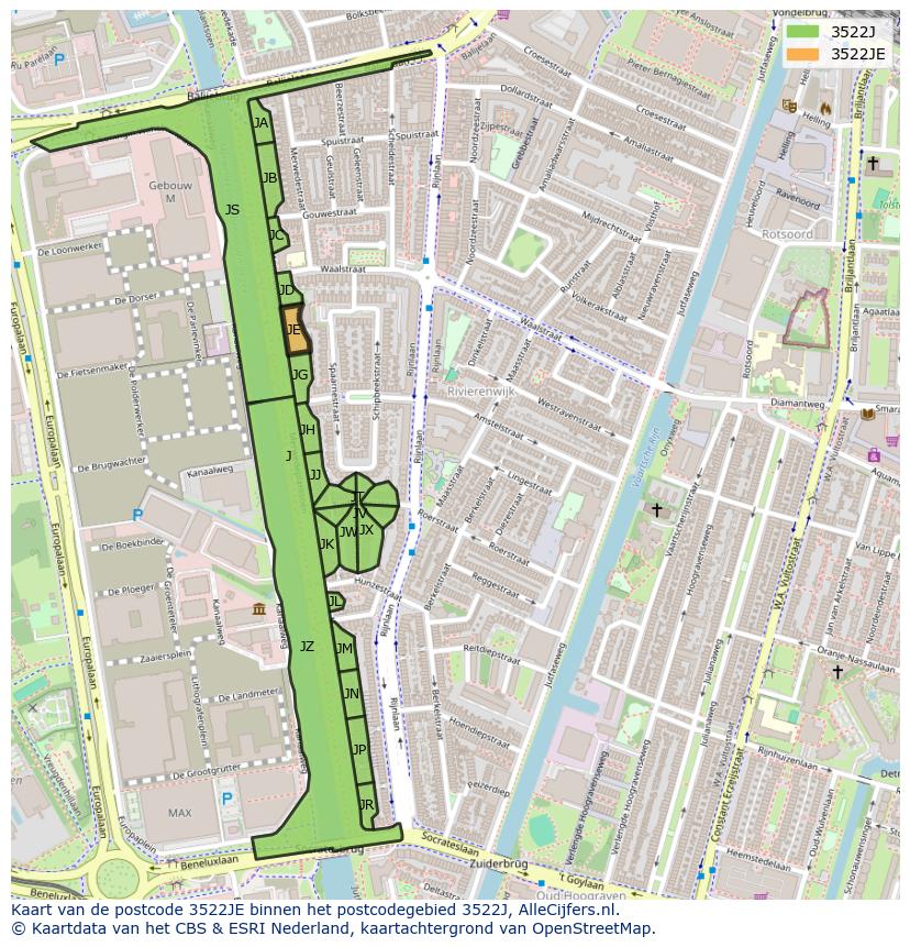 Afbeelding van het postcodegebied 3522 JE op de kaart.