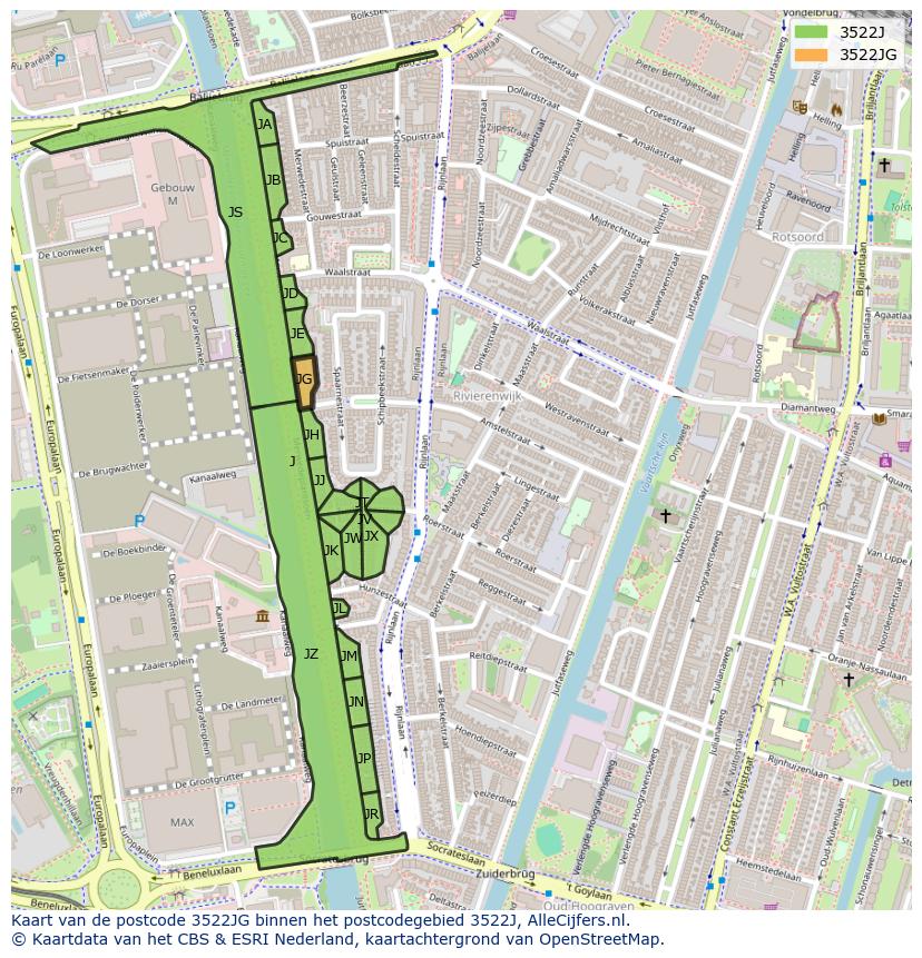 Afbeelding van het postcodegebied 3522 JG op de kaart.