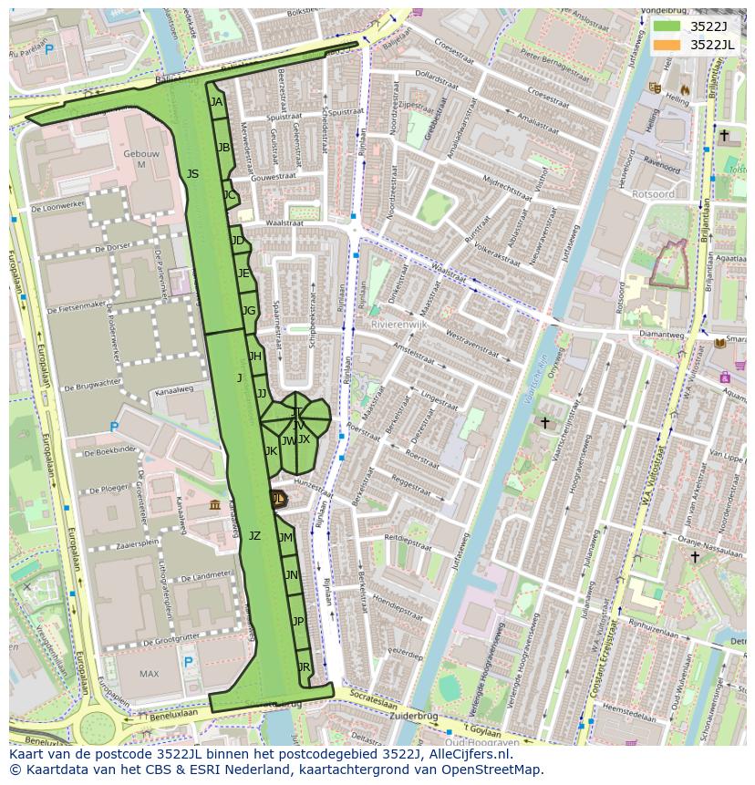 Afbeelding van het postcodegebied 3522 JL op de kaart.