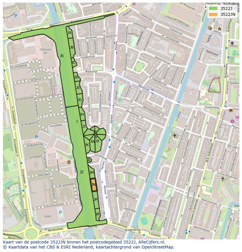 Afbeelding van het postcodegebied 3522 JN op de kaart.
