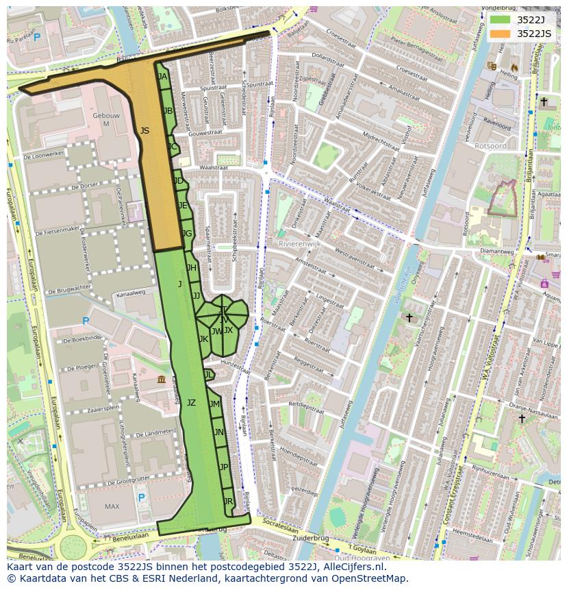 Afbeelding van het postcodegebied 3522 JS op de kaart.