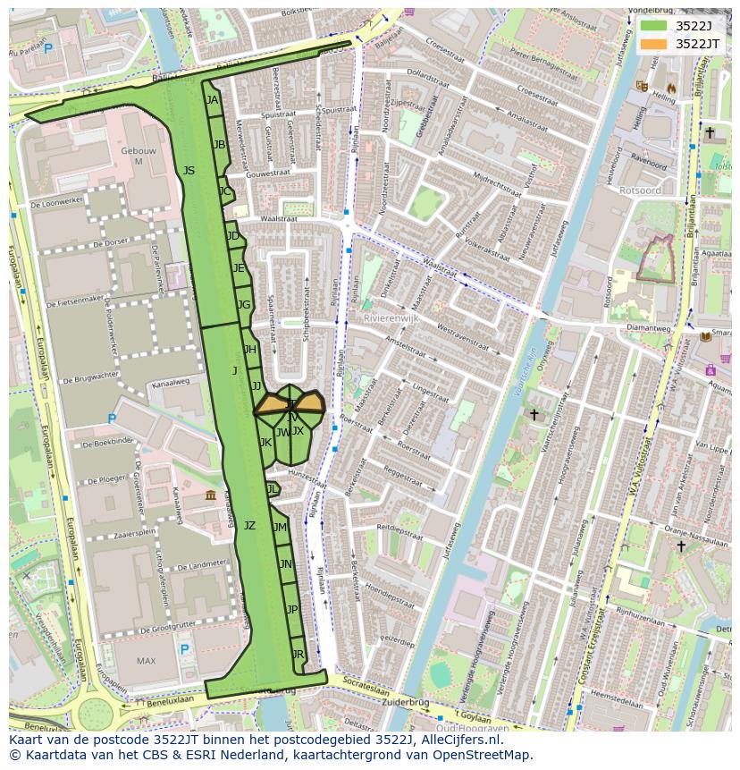 Afbeelding van het postcodegebied 3522 JT op de kaart.