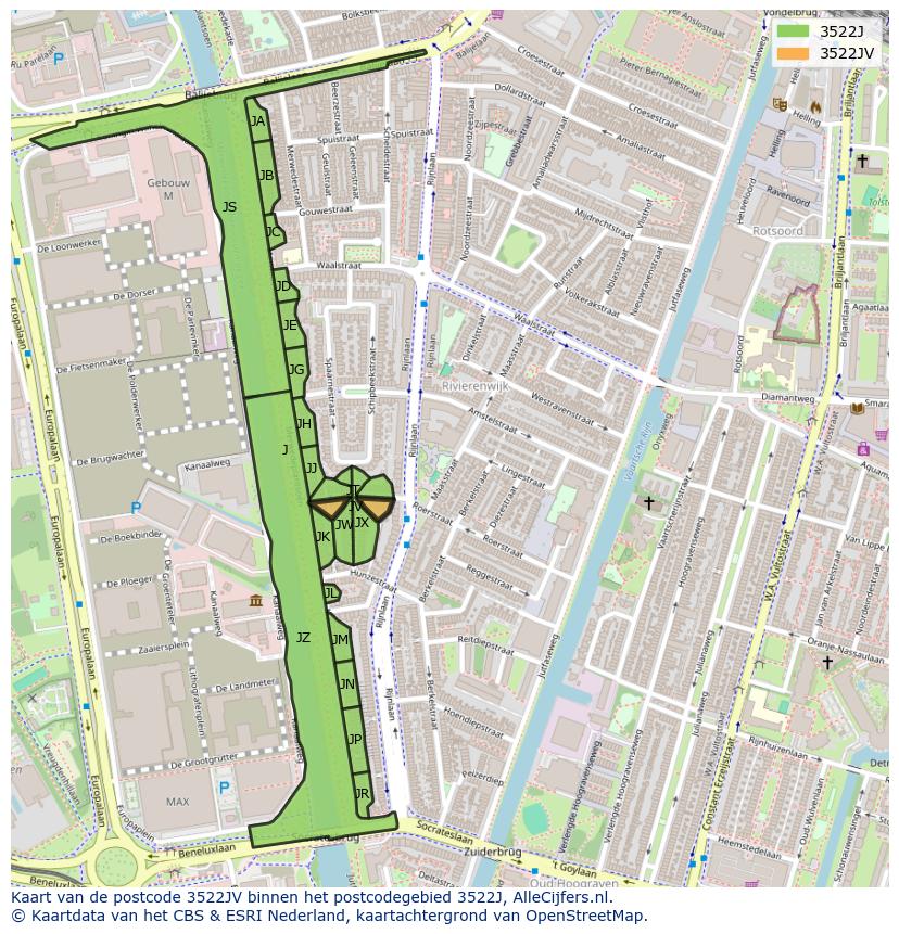 Afbeelding van het postcodegebied 3522 JV op de kaart.