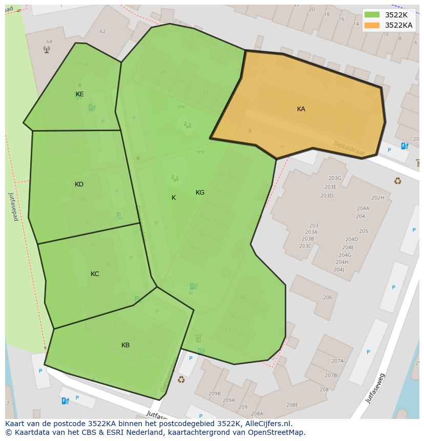 Afbeelding van het postcodegebied 3522 KA op de kaart.