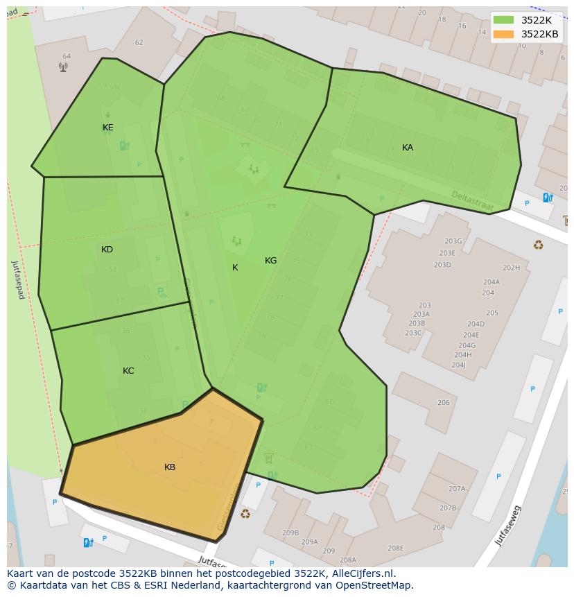 Afbeelding van het postcodegebied 3522 KB op de kaart.