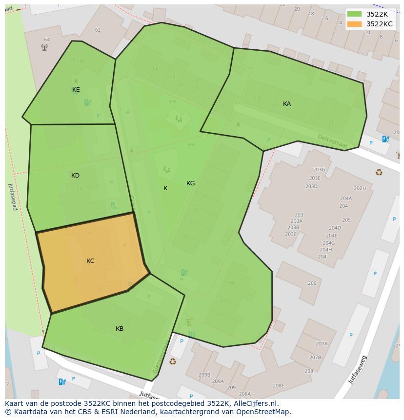 Afbeelding van het postcodegebied 3522 KC op de kaart.