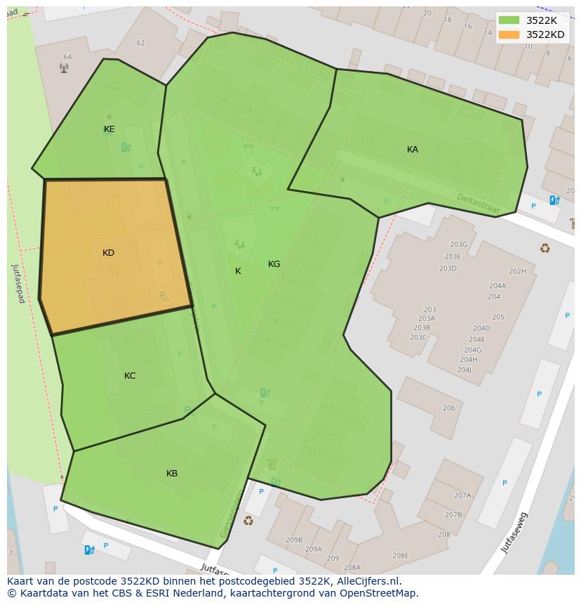 Afbeelding van het postcodegebied 3522 KD op de kaart.