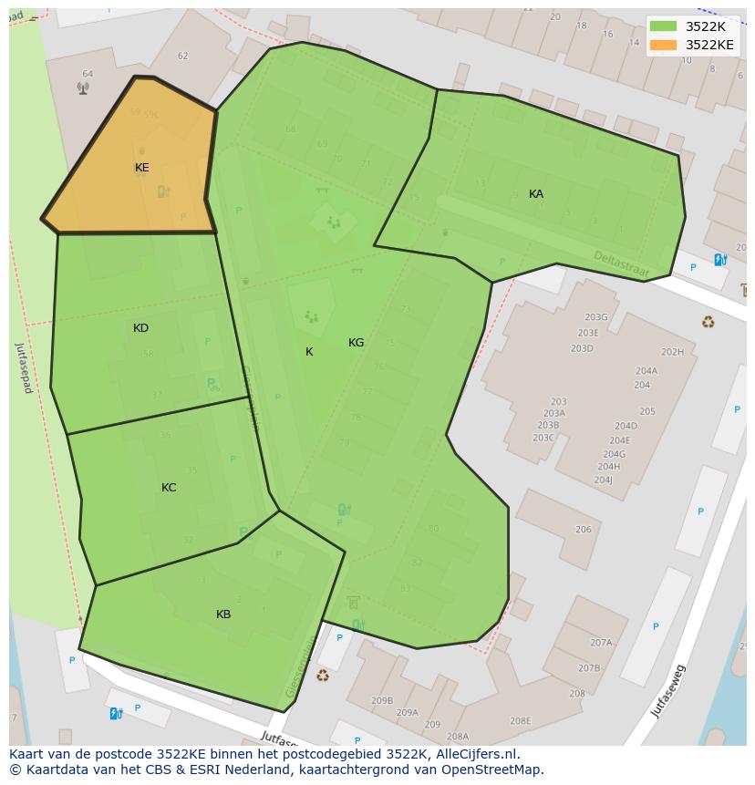 Afbeelding van het postcodegebied 3522 KE op de kaart.