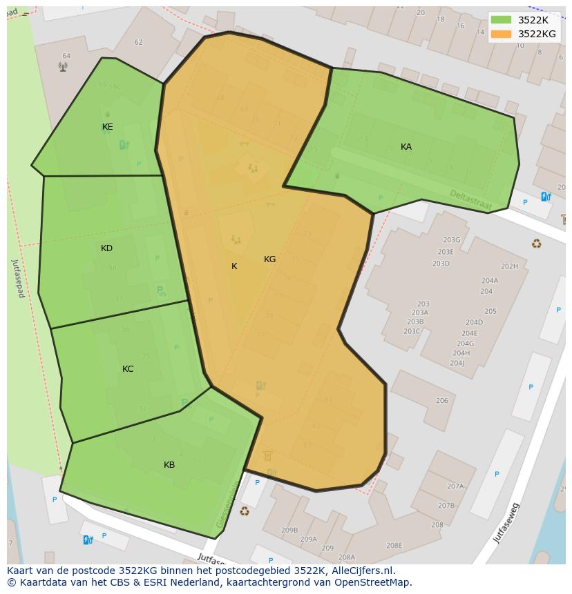 Afbeelding van het postcodegebied 3522 KG op de kaart.