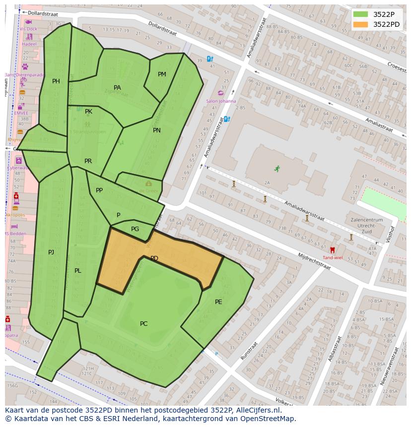 Afbeelding van het postcodegebied 3522 PD op de kaart.