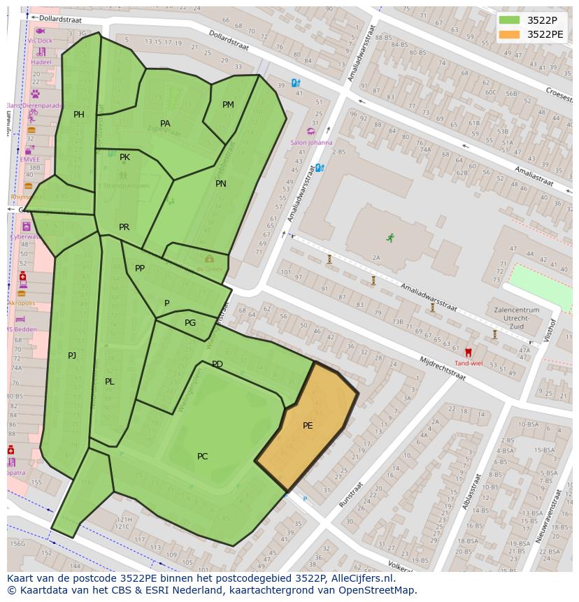 Afbeelding van het postcodegebied 3522 PE op de kaart.