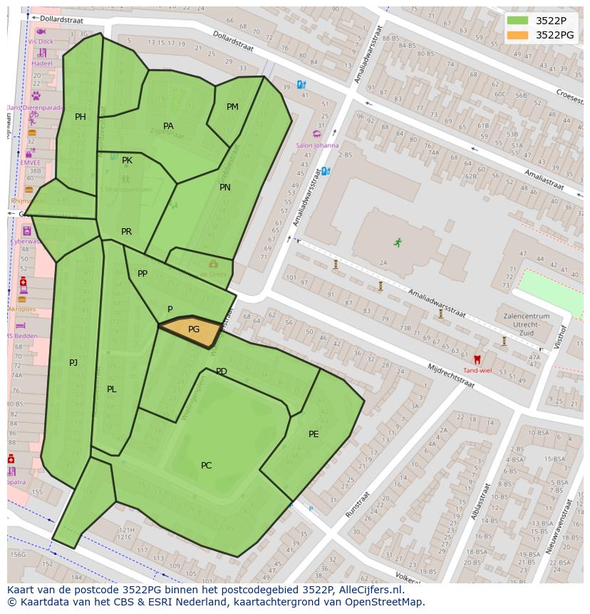 Afbeelding van het postcodegebied 3522 PG op de kaart.