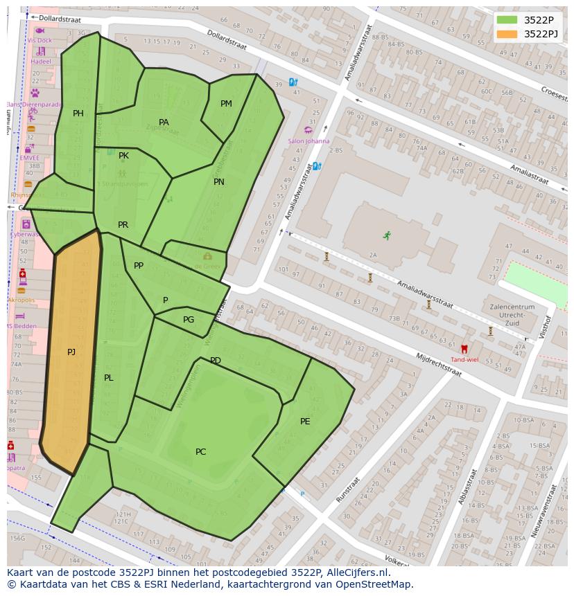 Afbeelding van het postcodegebied 3522 PJ op de kaart.