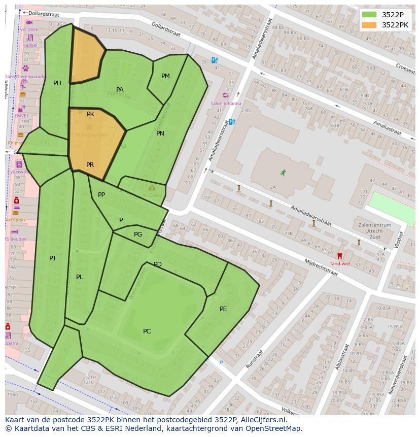 Afbeelding van het postcodegebied 3522 PK op de kaart.