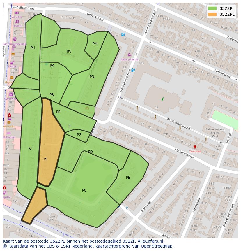 Afbeelding van het postcodegebied 3522 PL op de kaart.