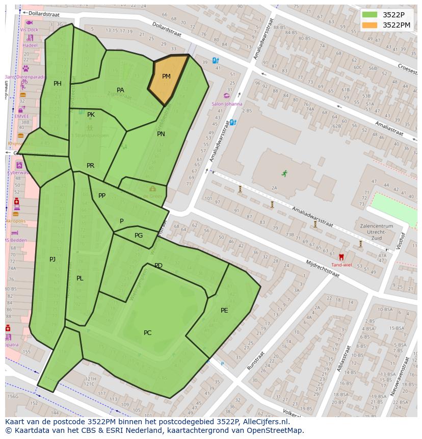 Afbeelding van het postcodegebied 3522 PM op de kaart.