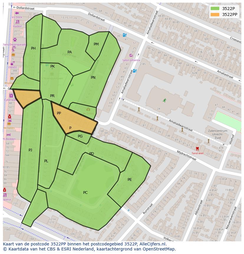 Afbeelding van het postcodegebied 3522 PP op de kaart.