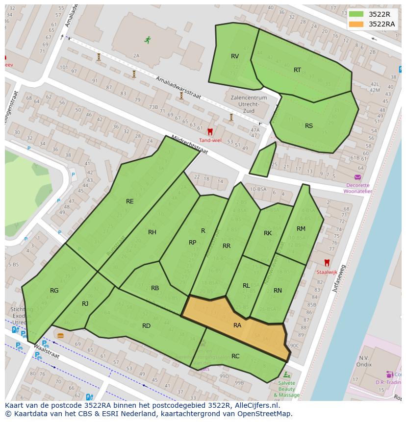 Afbeelding van het postcodegebied 3522 RA op de kaart.